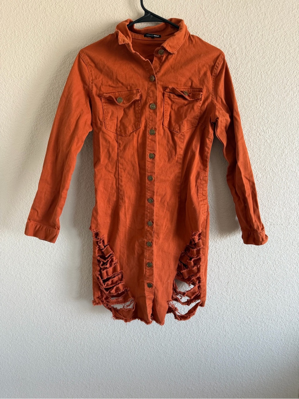 Fashion Nova Rust Orange Distressed Midi Shirt Dress